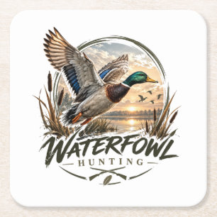 Waterfowl Hunting Logo, Mallard Duck Emblem Square Paper Coaster