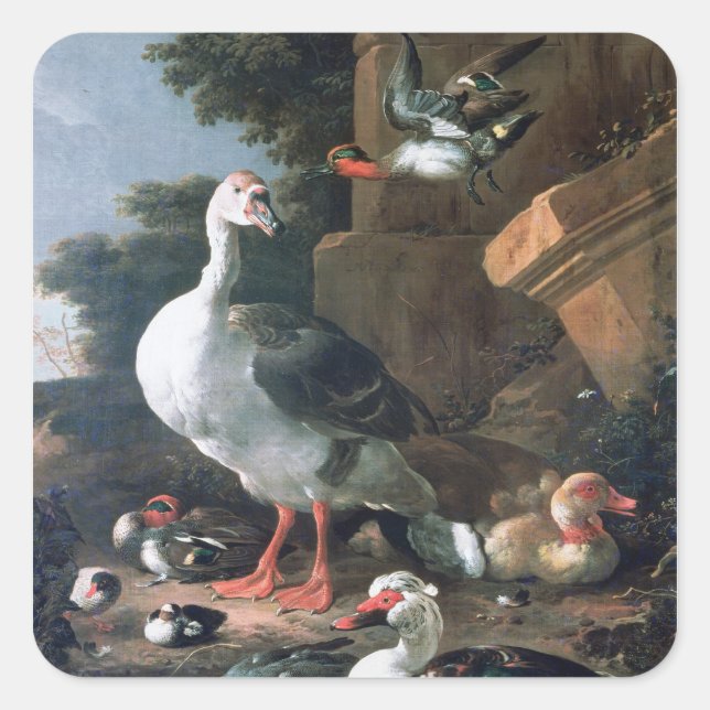 Waterfowl in a classical landscape, 17th century square sticker (Front)