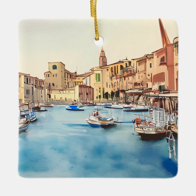 Waterfront And Boats In The Harbour, Italian Ceramic Ornament (Front)