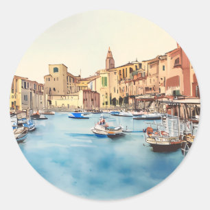 Waterfront And Boats In The Harbour, Italian Classic Round Sticker