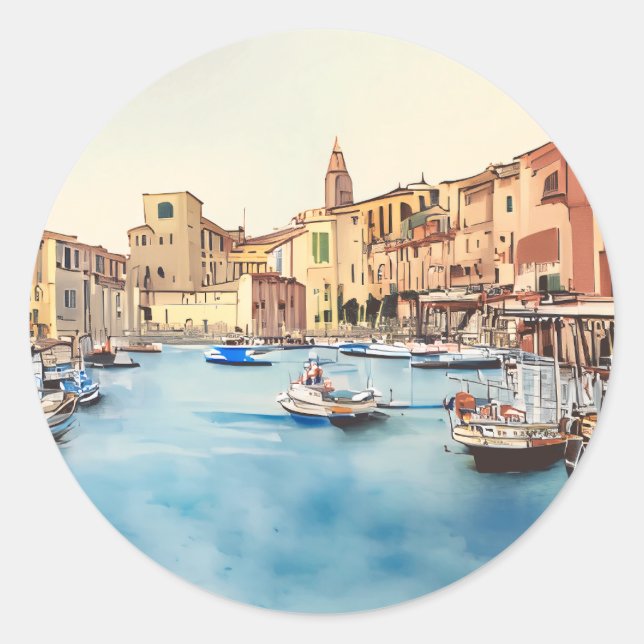 Waterfront And Boats In The Harbour, Italian Classic Round Sticker (Front)