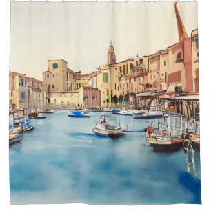Waterfront And Boats In The Harbour, Italian Shower Curtain