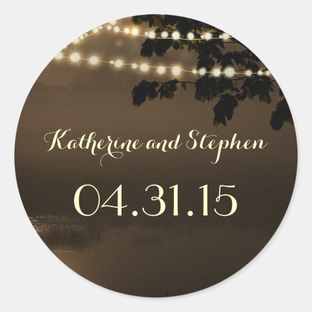 Waterfront Rustic String Lights Trees Wedding Classic Round Sticker (Front)