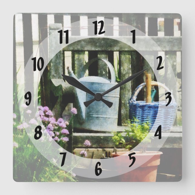 Watering Can and Blue Basket Square Wall Clock (Front)