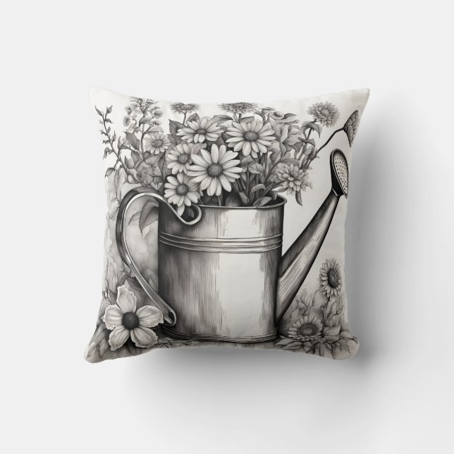 Watering can, Black & white art , Spring Art Cushion (Back)