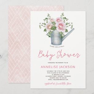 Watering can blush pink roses baby girl shower invitation