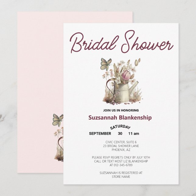 Watering Can Butterfly Garden Party Bridal Shower Invitation (Front/Back)