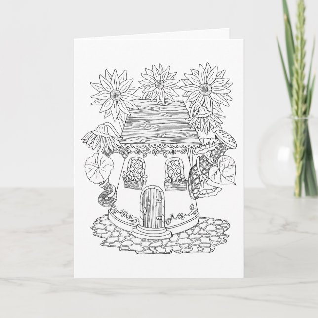 Watering Can Fairy House Colour it Yourself Blank Card (Front)
