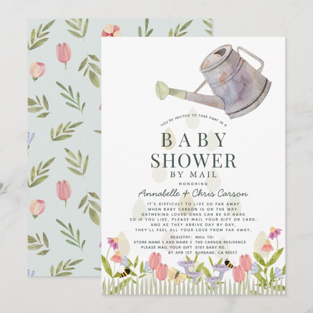 Watering Can Floral Garden Baby Shower by Mail Invitation (Front/Back)