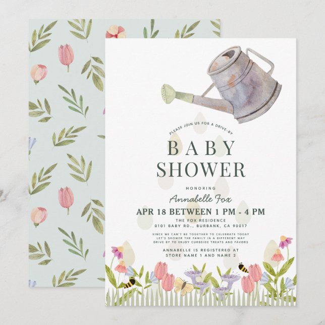 Watering Can Floral Garden Drive-by Baby Shower Invitation (Front/Back)