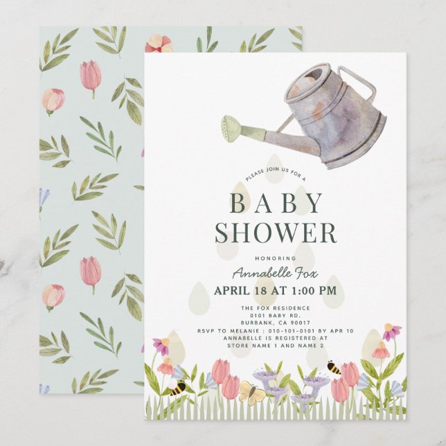 Watering Can Floral Garden Theme Baby Shower Invitation (Front/Back)