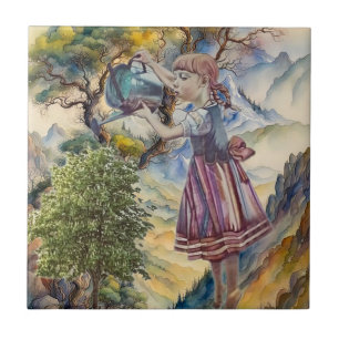 Watering Can Girl Wilderness Trees Tile