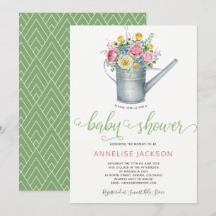 Watering can sage blush pink floral baby shower invitation