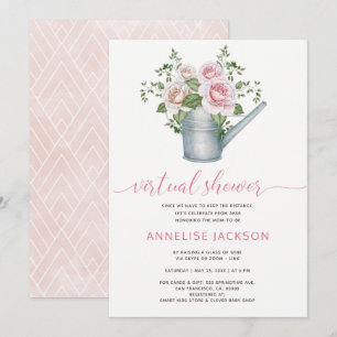 Watering can sage blush roses virtual baby shower invitation