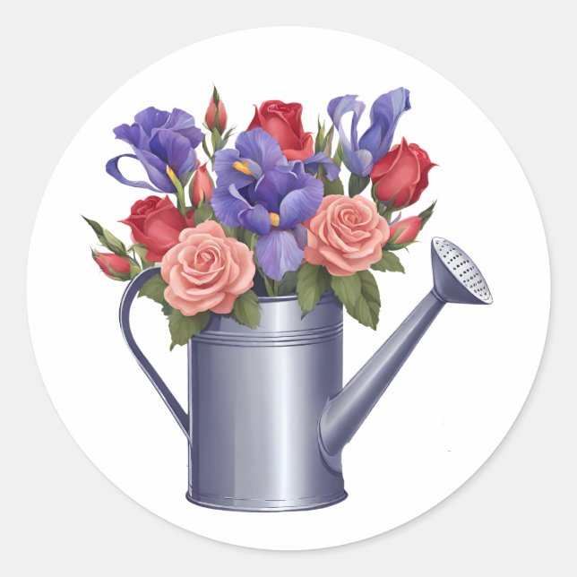Watering Can with Colourful Garden Flowers  Classic Round Sticker (Front)