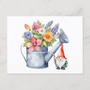 Watering Can with Flowers and Garden Gnome Postcard