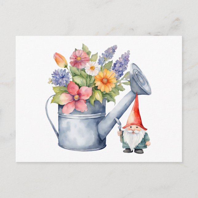 Watering Can with Flowers and Garden Gnome  Postcard (Front)
