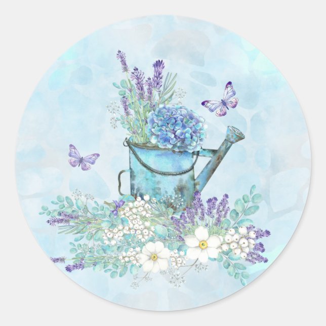 Watering Can With Summertime Flowers & Butterflies Classic Round Sticker (Front)