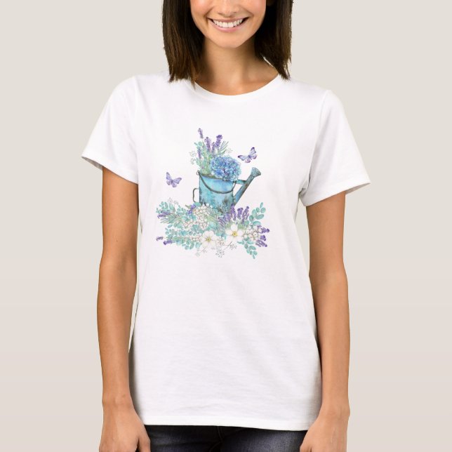 Watering Can With Summertime Flowers & Butterflies T-Shirt (Front)