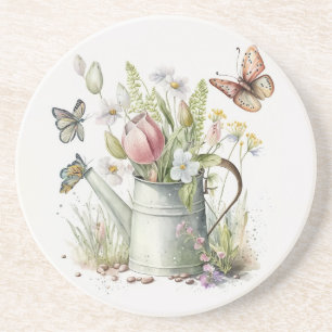 Watering Can With Tulips and Butterflies Coaster