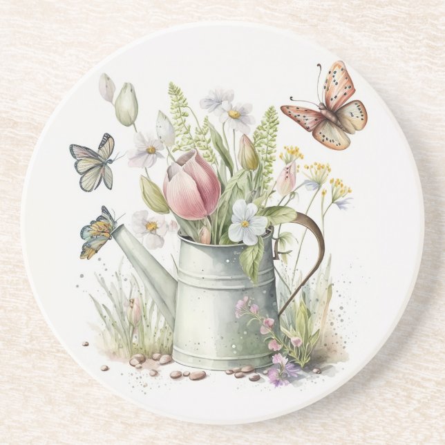 Watering Can With Tulips and Butterflies  Coaster (Front)