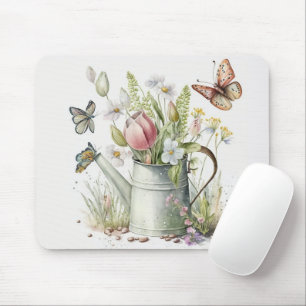 Watering Can With Tulips and Butterflies Mouse Mat