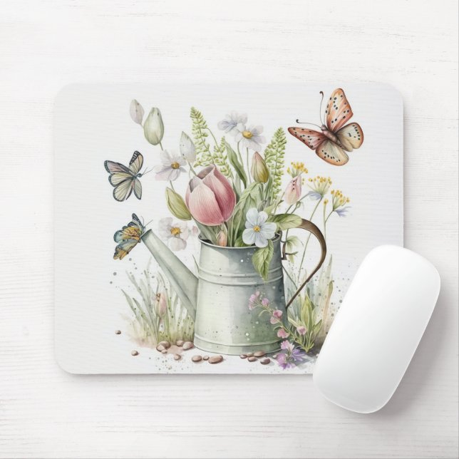 Watering Can With Tulips and Butterflies Mouse Mat (With Mouse)