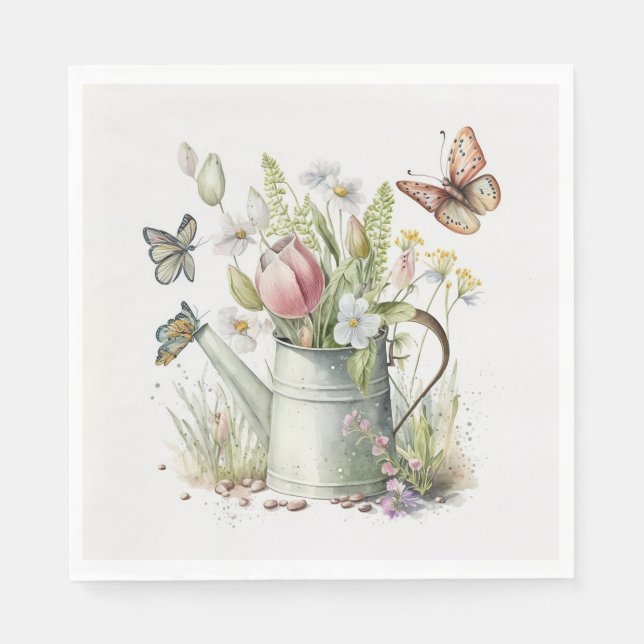 Watering Can With Tulips and Butterflies Napkin (Front)