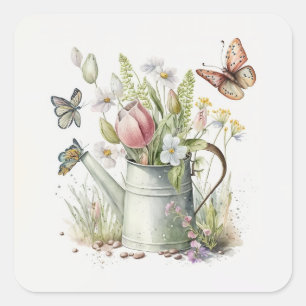 Watering Can With Tulips and Butterflies Square Sticker