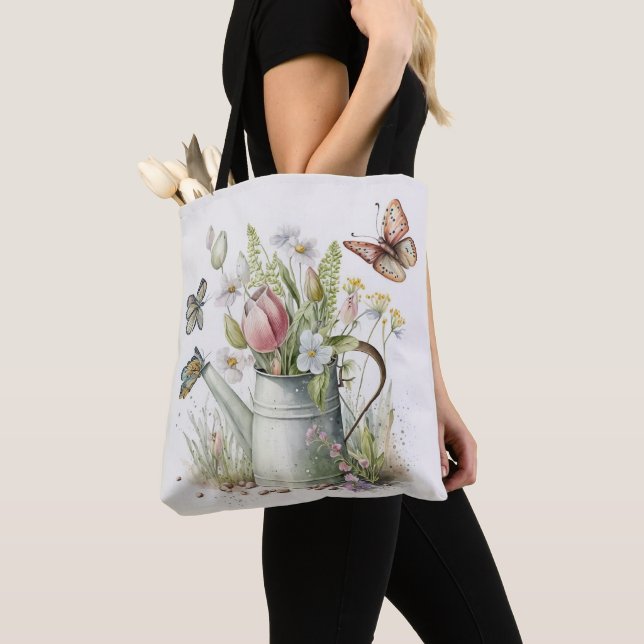 Watering Can With Tulips and Butterflies  Tote Bag (Close Up)