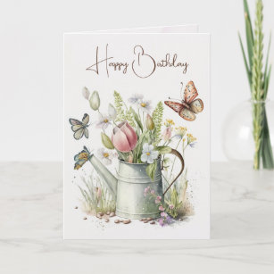 Watering Can With Tulips Birthday Card