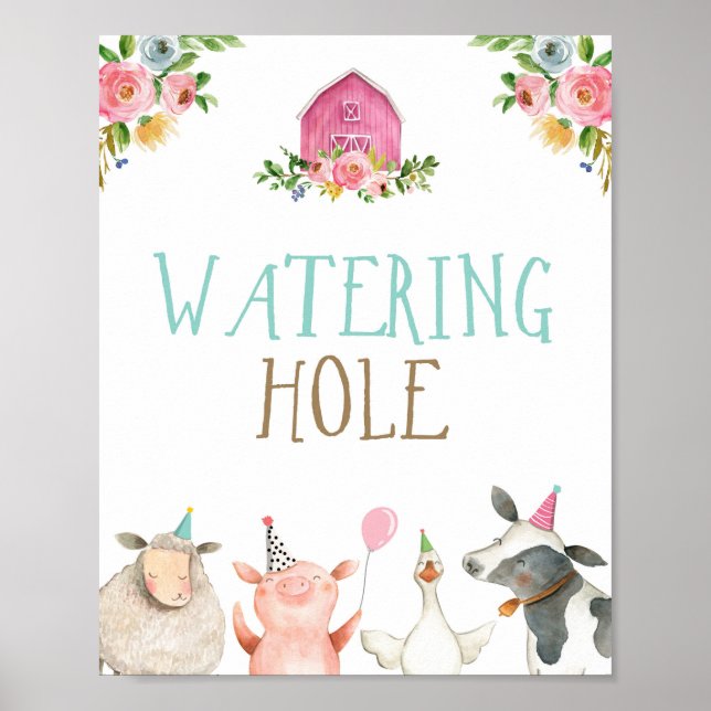 Watering Hole Farm Animals Girl Birthday Pink Poster (Front)