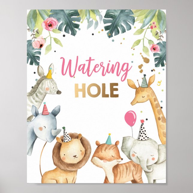 Watering Hole Wild Animal Girl Birthday Table Sign (Front)