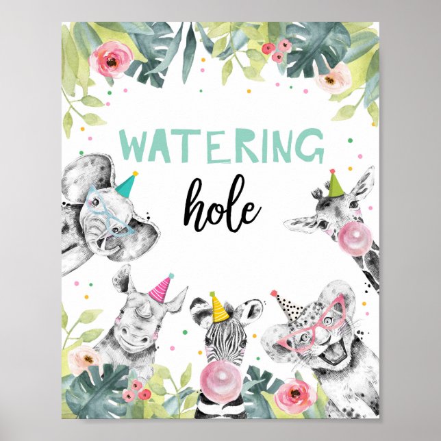 Watering Hole Wild Animal Girl Birthday Table Sign (Front)