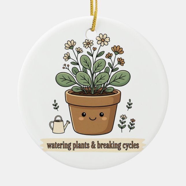 Watering Plants and Breaking Cycles Ceramic Tree Decoration (Front)