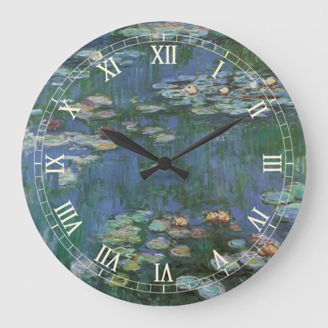 Waterlilies by Claude Monet, Vintage Flowers Large Clock (Front)