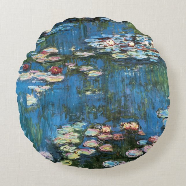 Waterlilies by Claude Monet, Vintage Impressionism Round Cushion (Front)