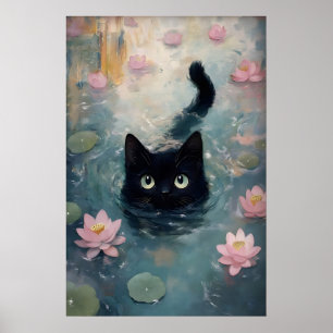 Waterlily black cat print, cat in water dark poster