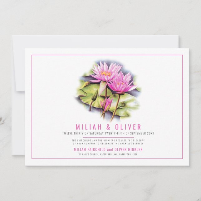 Waterlily botanical art pink custom photo wedding invitation (Front)