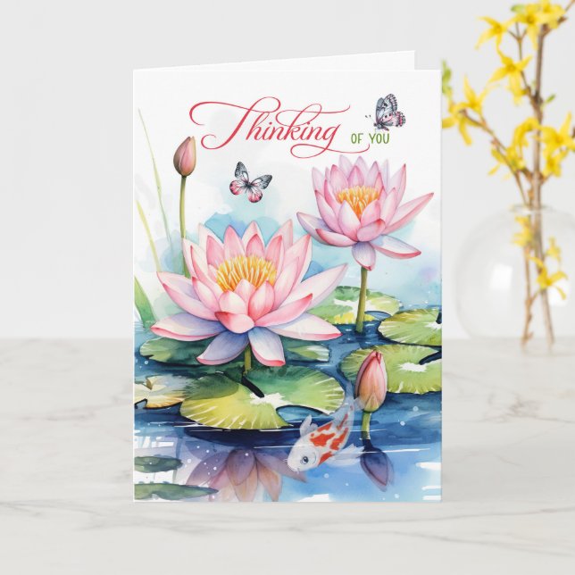Waterlily Garden with Koi Fish Thinking of You Card (Yellow Flower)