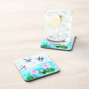 Waterlily Pond Painting Dragonflies Coaster