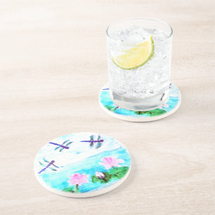 Waterlily Pond Painting with Dragonfly Coaster
