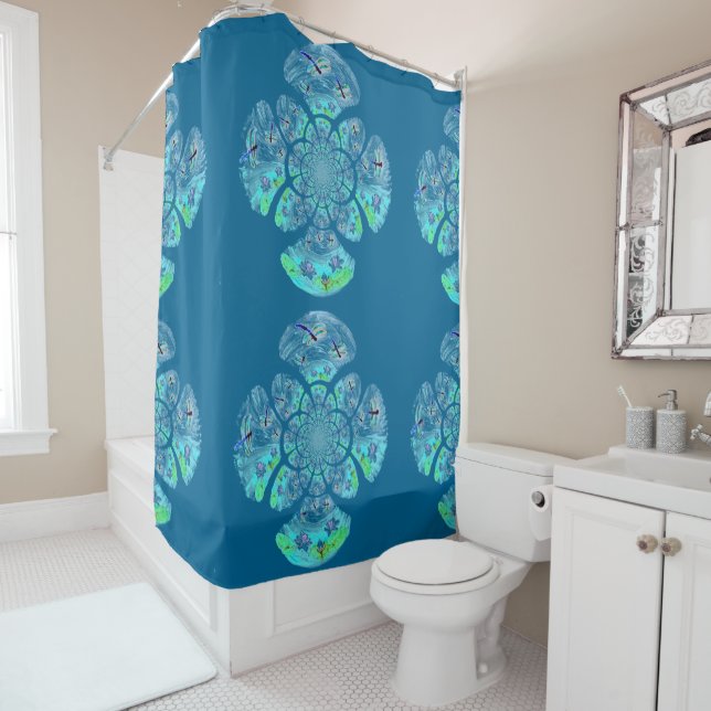 Waterlily Turquoise Dragonfly Patterned Shower Curtain (In Situ)