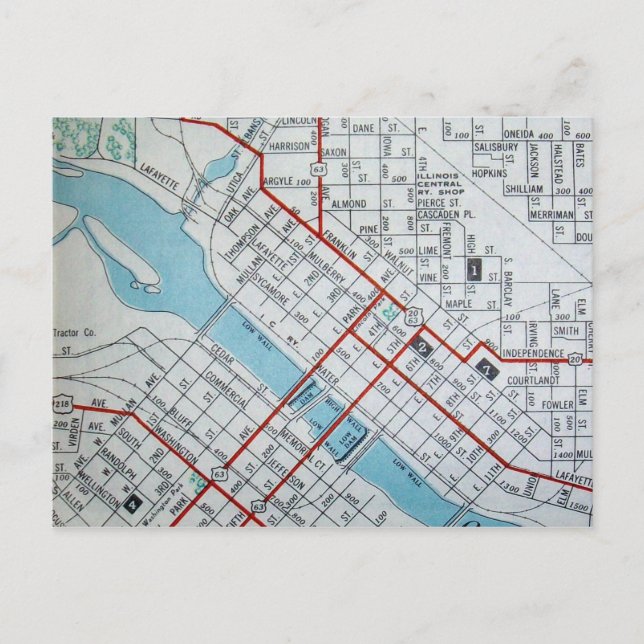 Waterloo, IA Vintage Map Postcard (Front)
