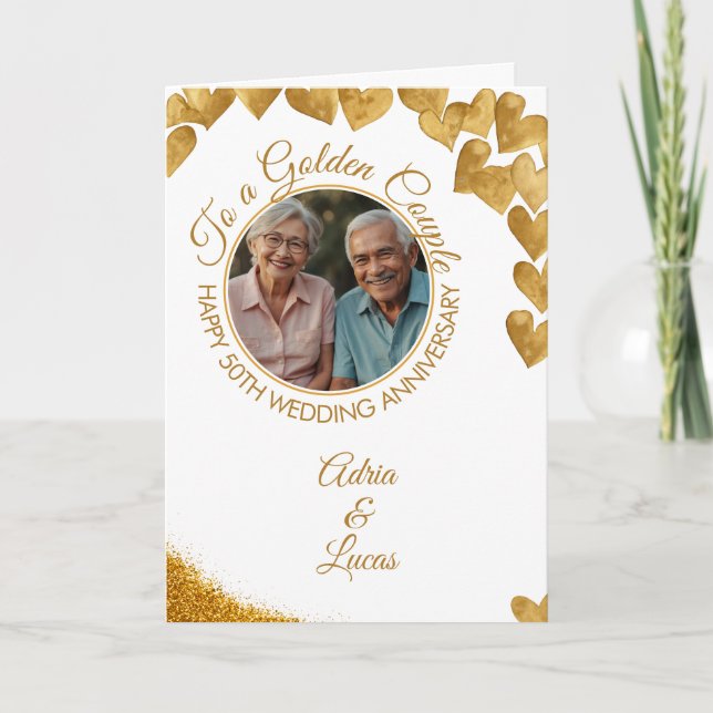 Watermark Gold Heart 50th Wedding Anniversary Card (Front)