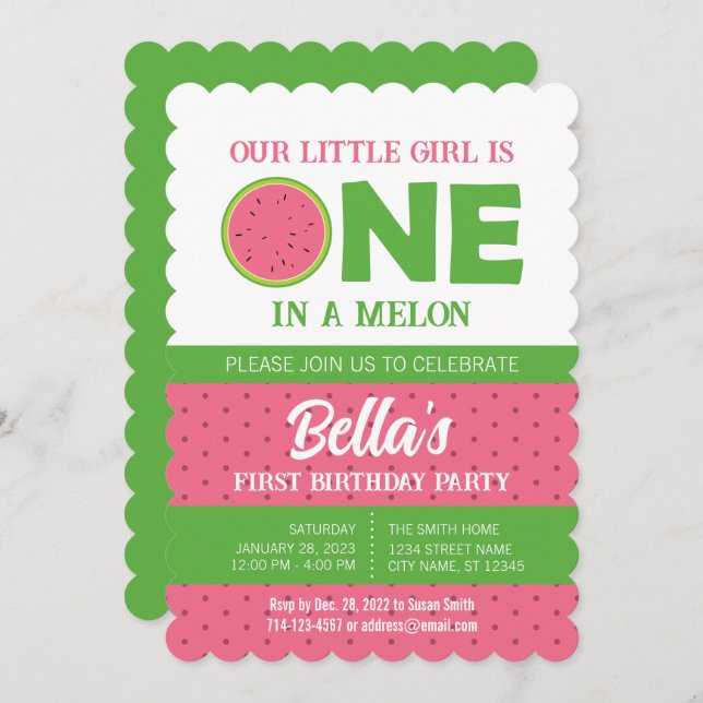 Watermelon 1st Birthday Invitation with picture (Front/Back)