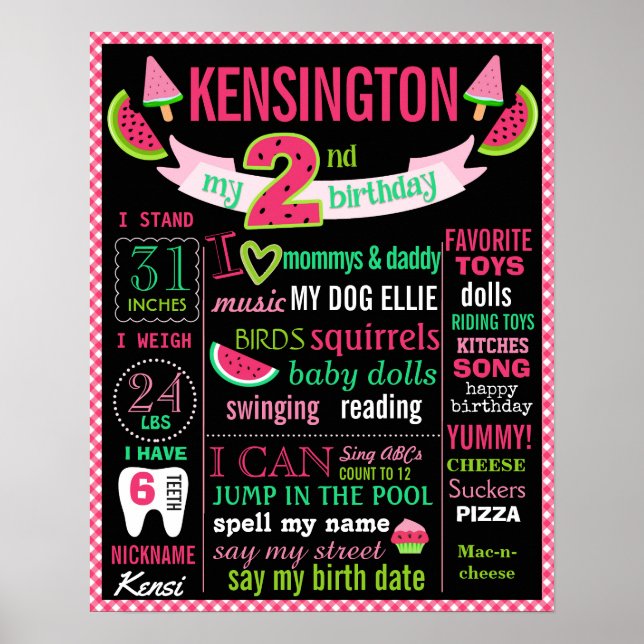 Watermelon 2nd birthday chalkboard sign poster (Front)