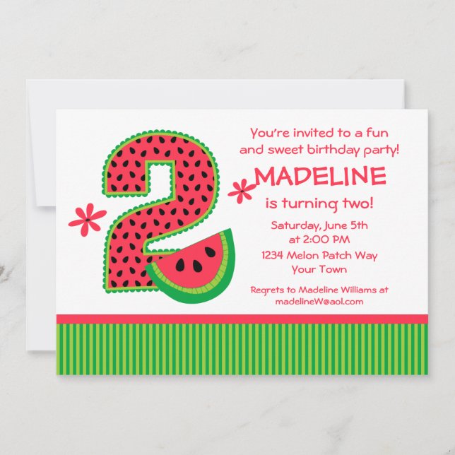 Watermelon 2nd Birthday Stripe Invitation (Front)