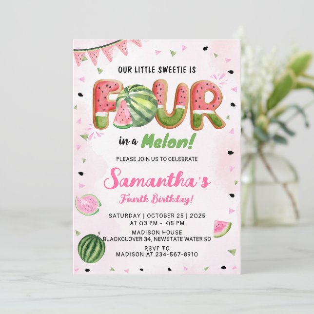 Watermelon 4th Birthday Party Invitation (Standing Front)