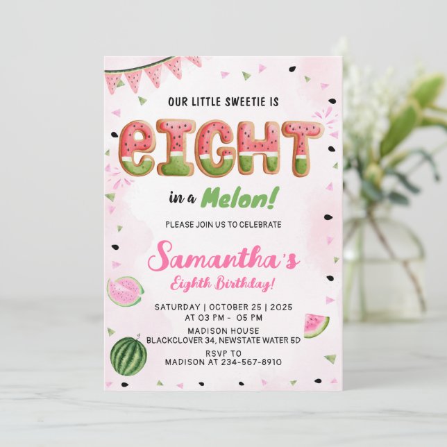 Watermelon 8th Birthday Party Invitation (Standing Front)